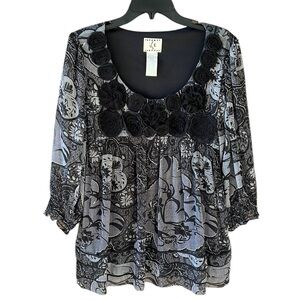 ICE XL Vintage Y2K Babydoll Black White Sheer Blouse Top Floral Detail